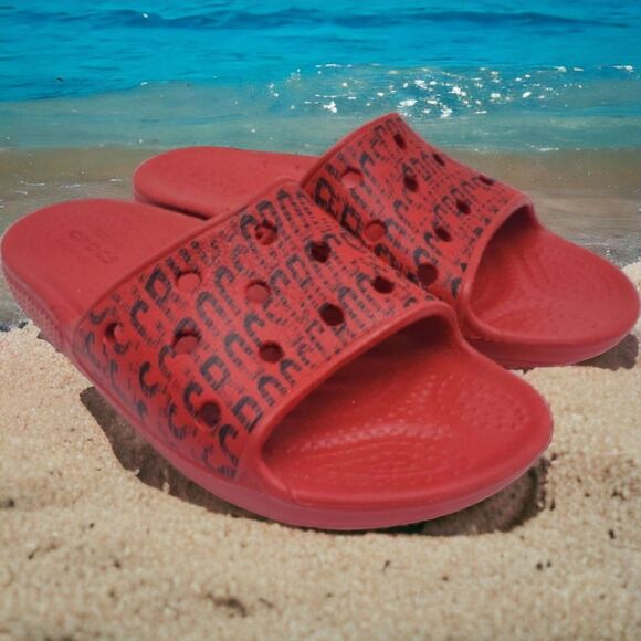 Crocs Big Kids Classic Slides Slip-on Juniors 1 Red Black Logo Spell Out Casual - Picture 1 of 7